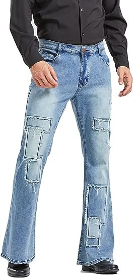 Men's Vintage Flared Leg Denim Jeans Classic Patchwork Bell Bottom Denim Pants