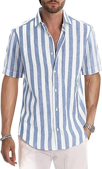 Men's Casual Short Sleeve Button Striped Cotton Shirt