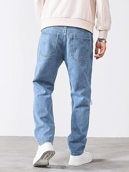 Men's Cut Out Ripped Frayed Zipper Fly Long Straight Leg Denim Jeans