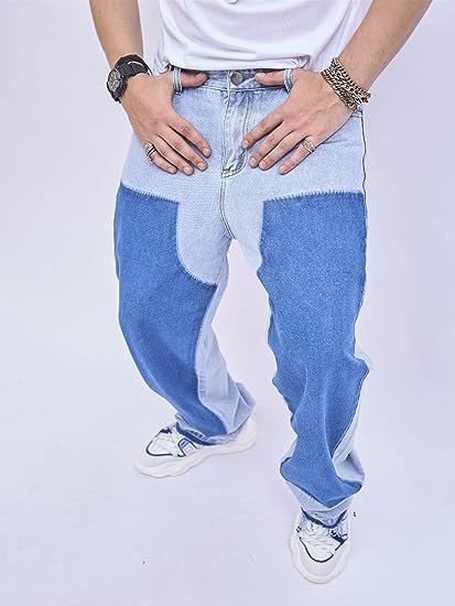 Men's Loose Color Block Wide Leg Button Up Zipper Fly Casual Denim Pants